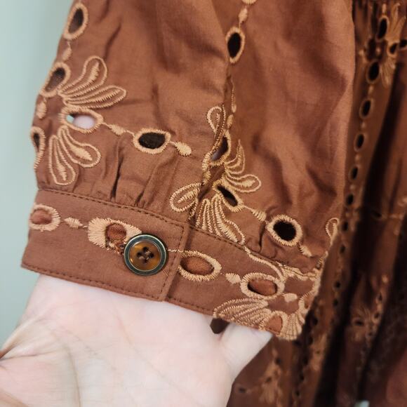 Eva Franco large eyelet chocolate brown 3/4 sleeve button front dress size M - Picture 5 of 9